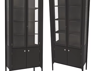 Pair of Black Storage Bookcases With Glass Front Doors Wooden Cabinets And Metal Legs 3d model