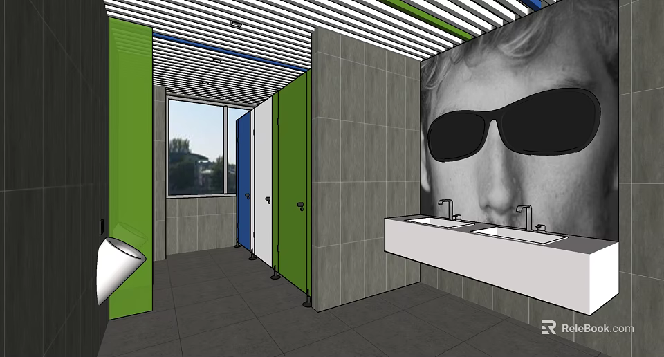 Hotel Bathroom With Green Blue Partitions Grey Tiled Walls Double Sinks Large Wall Portrait 3d model 
