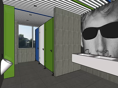 Hotel Bathroom With Green Blue Partitions Grey Tiled Walls Double Sinks Large Wall Portrait 3d model