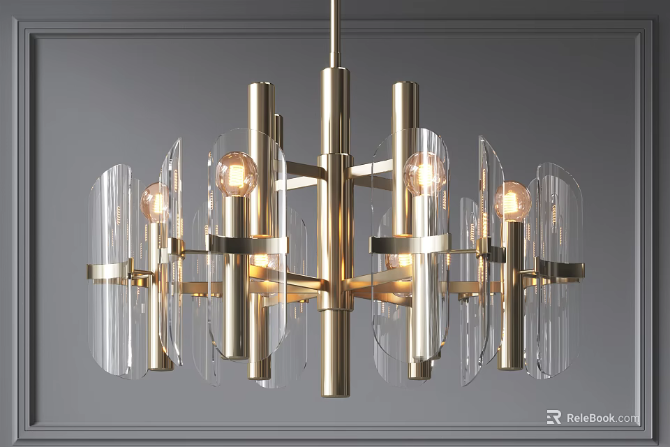 Modern Gold Metal Chandelier With Transparent Glass Shades And Warm Lighting 3d model 
