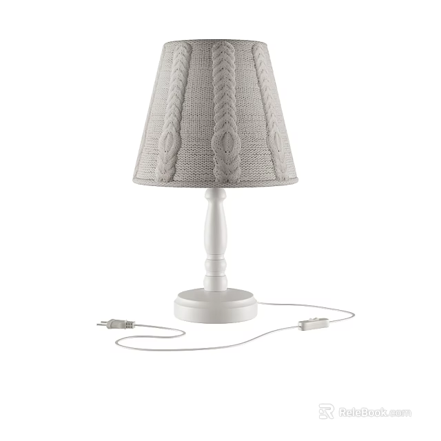 Light Gray Knitted Lampshade Table Lamp With White Stem And Base And Power Cord 3d model 