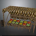 Wooden Fruit Stall With Colorful Canopy And Multi colored Fruit Baskets Plus Wooden Barrel Side