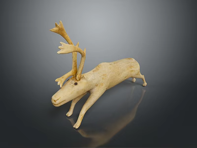 Polished Wooden Deer Sculpture With Antlers And Reflection On Dark Surface 3d model