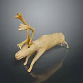 Polished Wooden Deer Sculpture With Antlers And Reflection On Dark Surface