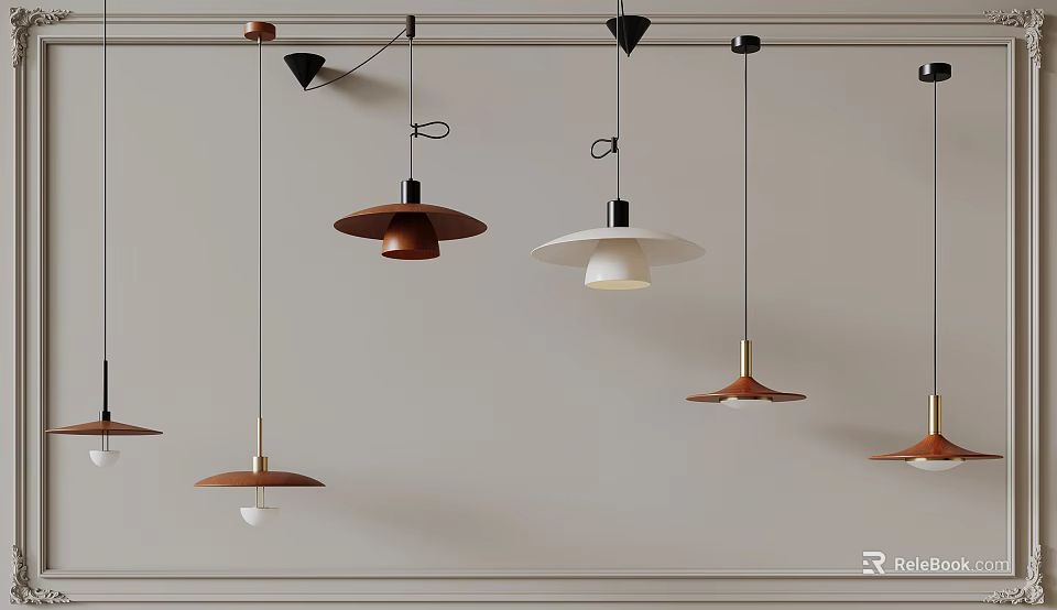 Modern Multiple Pendant Lights Hanging From Ceiling With Brown White Shades And Metal Frames 3d model 
