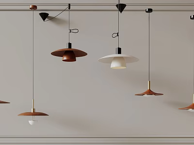Modern Multiple Pendant Lights Hanging From Ceiling With Brown White Shades And Metal Frames 3d model