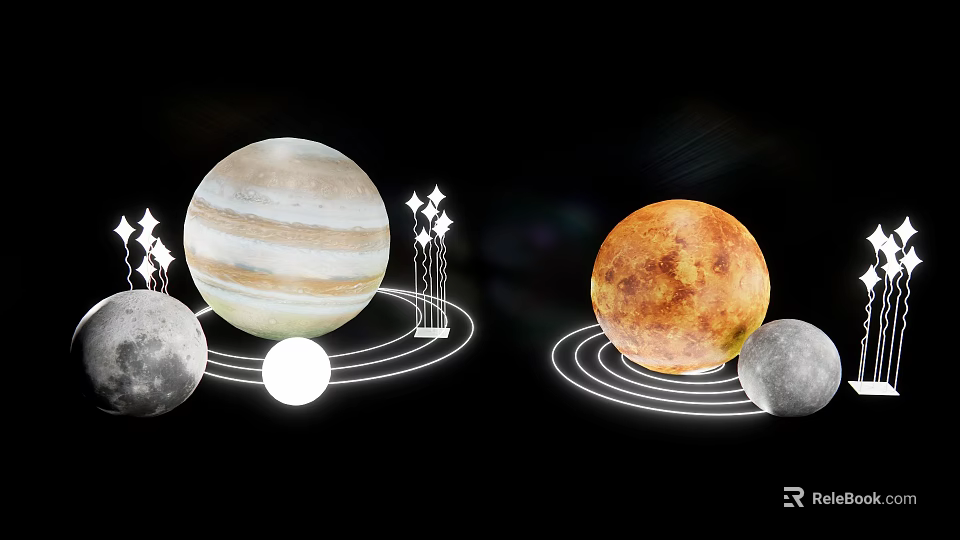 Celestial Cosmic Photo Spot With Jupiter Moon Planets Starry And Orbital Lines 3d model 