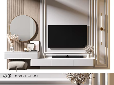 Modern TV Wall Design with Wooden Panels Round Mirror and White TV Stand 3d model