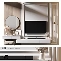Modern TV Wall Design with Wooden Panels Round Mirror and White TV Stand