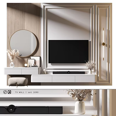 Modern TV Wall Design with Wooden Panels Round Mirror and White TV Stand 3d model