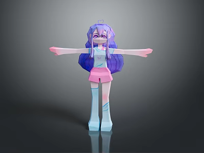 3D Anime Character With Purple Long Hair Pink Shorts White Socks Blue Shoes Arms Outstretched 3d model