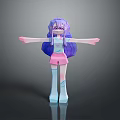3D Anime Character With Purple Long Hair Pink Shorts White Socks Blue Shoes Arms Outstretched