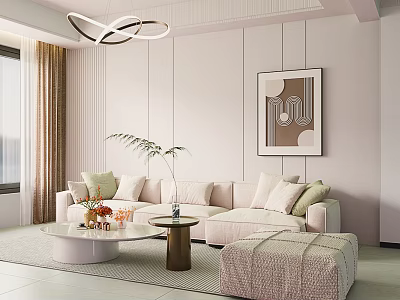 Soft Pastel Modern Living Room With Cozy Sectional Sofa And Elegant Wall Art Home Decor 3d model