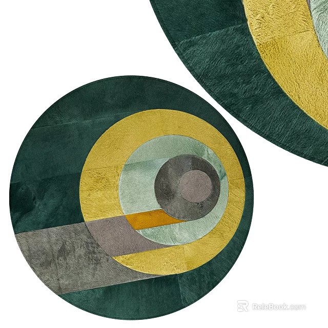Modern Round Rug Featuring Green Yellow Gray Geometric Concentric Circle Design 3d model