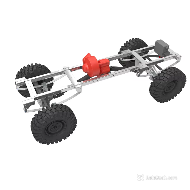 Off Road Vehicle Chassis Frame With Large Tires Red Motor And Gray Components 3d model 