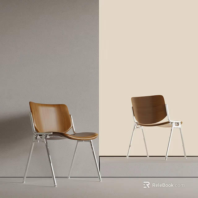 Wooden Chairs With Metal Legs Against Gray And Beige Backdrops 3d model 