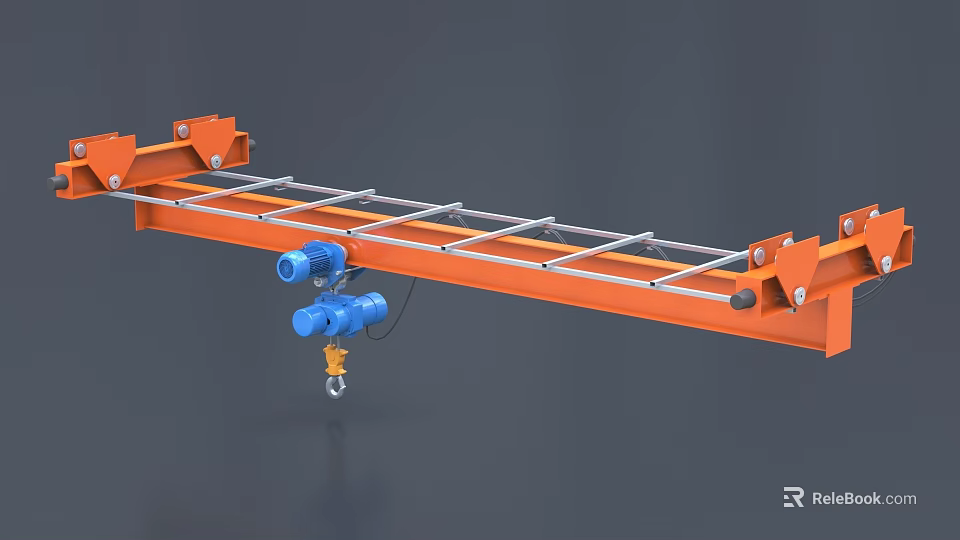 Heavy Duty Industrial Equipment with Orange Beam Blue Motor and Hoist Hook 3d model 