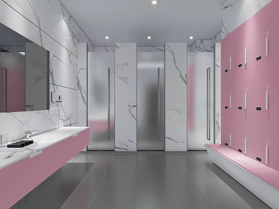 SPA Sauna Interior With Pink And White Marble Walls Lockers Mirror And Washbasin 3d model