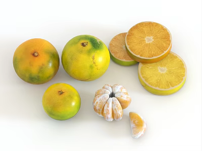 Fresh Citrus Fruits Featuring Whole Green Yellow Oranges Sliced Halves Peeled Tangerine And Segments 3d model