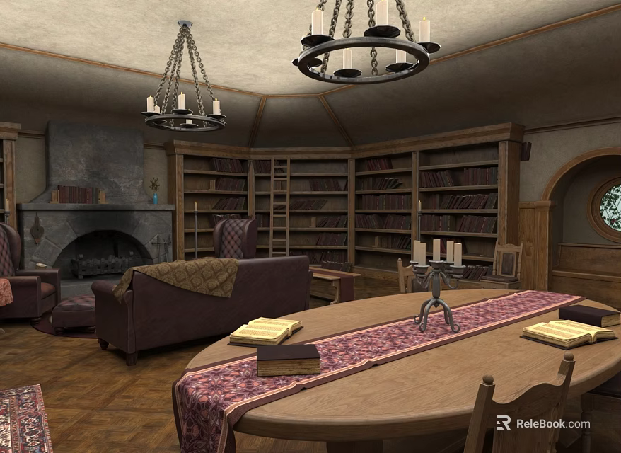 Classic Study Room Interior With Wooden Bookshelves Fireplace Chandeliers Sofa And Table Runner 3d model 