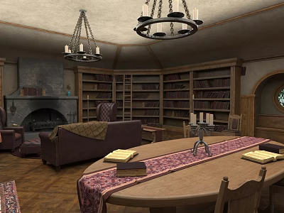 Classic Study Room Interior With Wooden Bookshelves Fireplace Chandeliers Sofa And Table Runner 3d model