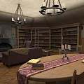 Classic Study Room Interior With Wooden Bookshelves Fireplace Chandeliers Sofa And Table Runner