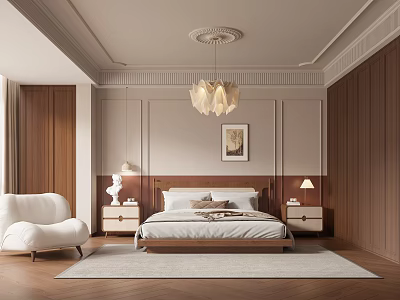 Modern Bedroom Interior with Chandelier Framed Painting Wooden Panels Bedside Tables White Chair and Rug 3d model