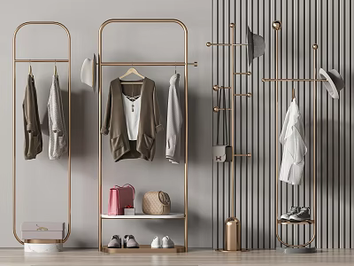 Modern Gold Clothing Racks Displaying Clothes Bags And Shoes 3d model