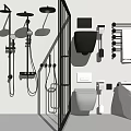 Modern Toilet in Bathroom with Shower System Towel Rack and Black White Accessories