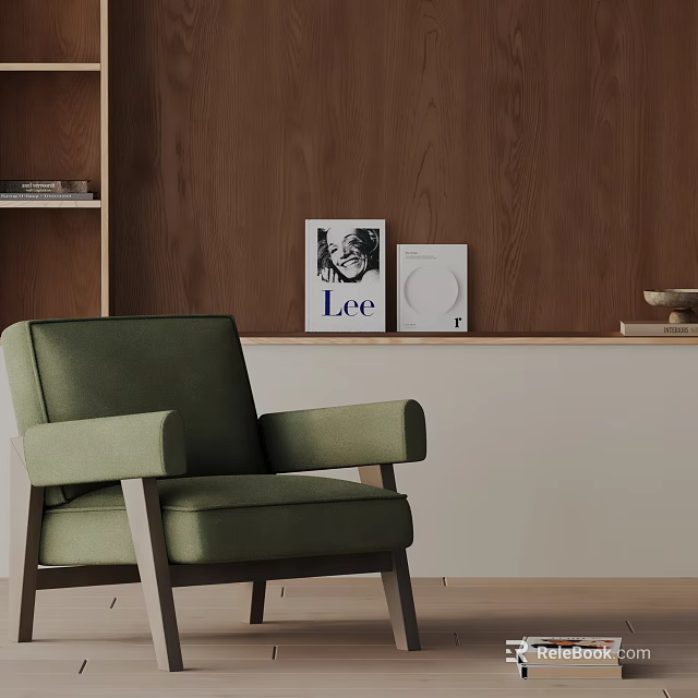 Green Accent Chair in Living Room with Wooden Wall Artwork and Round Decor Near Bookshelf 3d model 