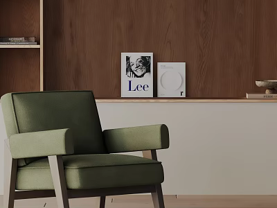 Green Accent Chair in Living Room with Wooden Wall Artwork and Round Decor Near Bookshelf 3d model