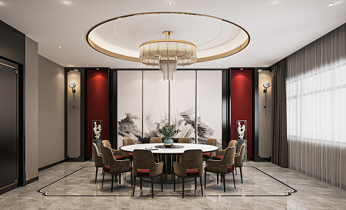 New Chinese-style private room hotel catering private room catering large box restaurant large private room art chandelier round table and chair 3d model