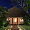 Rustic Thatched Roof Homestay Building with Warm Lighting Surrounded by Greenery and Water at Night