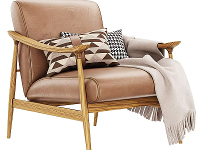 Comfortable Brown Leather Single Sofa with Wooden Armrests Legs Geometric Pillows and Beige Tasseled Blanket 3d model