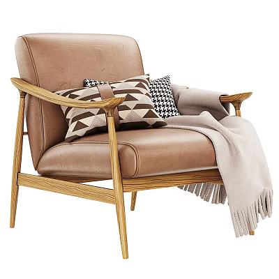 Comfortable Brown Leather Single Sofa with Wooden Armrests Legs Geometric Pillows and Beige Tasseled Blanket 3d model