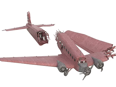 Vintage Red Fighter Jet With Damaged Body And Broken Wings Structure 3d model