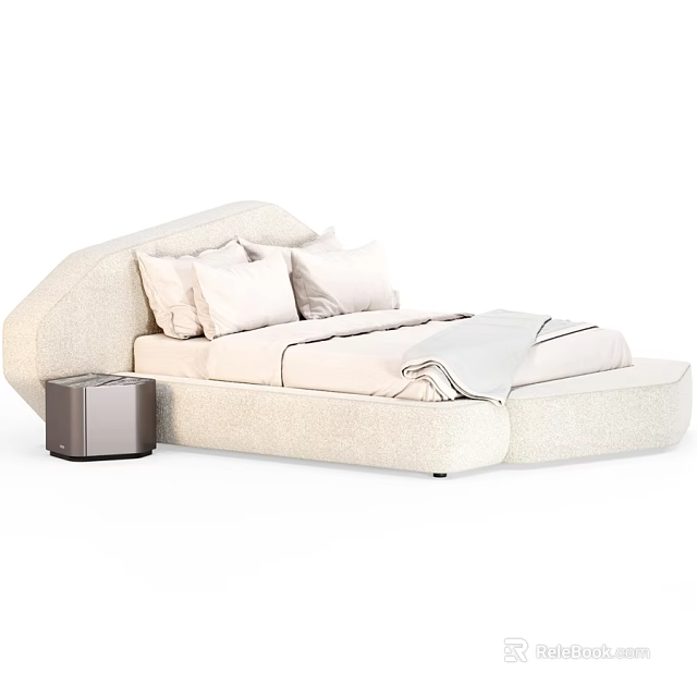 Modern Beige Double Bed With Curved Headboard Pillows Blanket And Side Table 3d model 