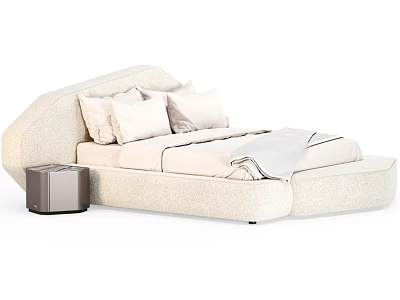 Modern Beige Double Bed With Curved Headboard Pillows Blanket And Side Table 3d model