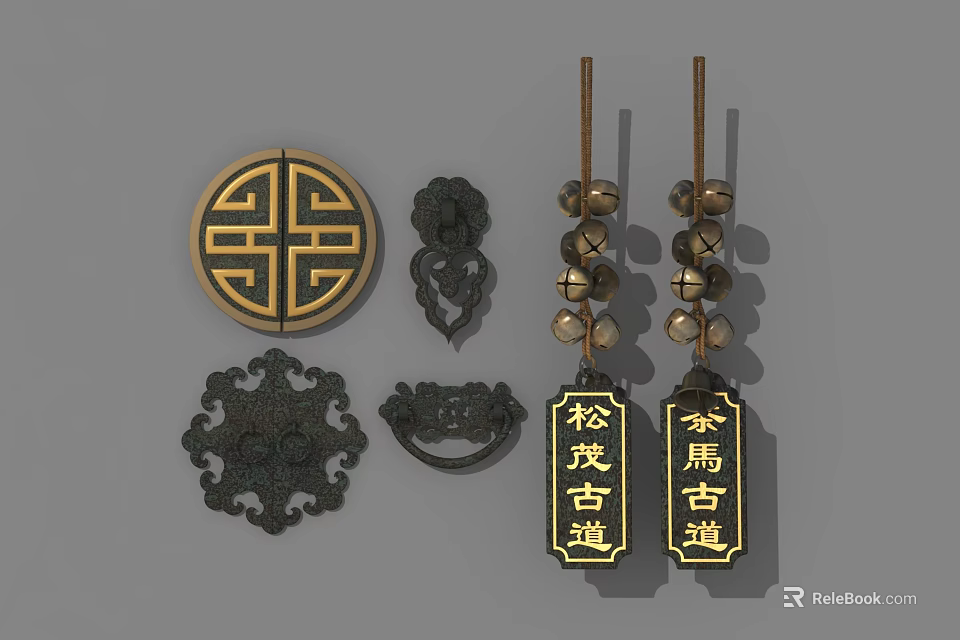 Chinese Traditional Hanging Decorations With Carved Patterns Bell And Character Plates 3d model 