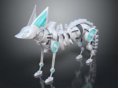 Futuristic Mechanical Wolf With Silver Metallic Body And Blue Transparent Ears 3d model