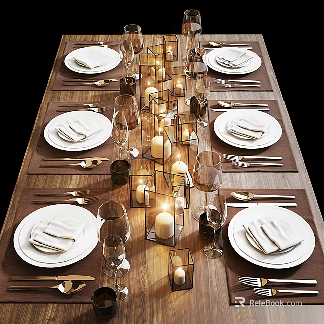 Elegant Formal Tableware Set With White Plates Napkins Glassware And Candles 3d model 