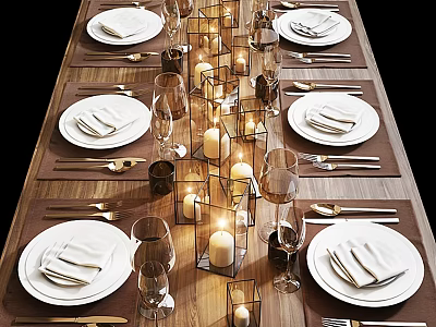 Elegant Formal Tableware Set With White Plates Napkins Glassware And Candles 3d model