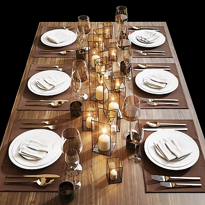 Elegant Formal Tableware Set With White Plates Napkins Glassware And Candles 3d model