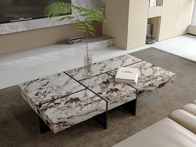 Modern Living Room Marble Coffee Table With Black Metal Legs Vase And Book 3d model