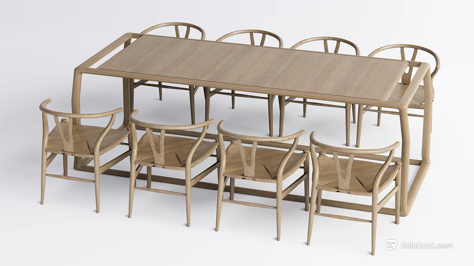 Wooden Dining Table Set with Six Chairs and Simple Modern Design 3d model