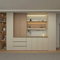 Modern Wooden Sideboard With Light Panels Storage Drawers Cabinets Open Shelves And Built-in Appliances