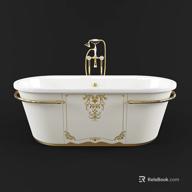 Elegant White Bathtub Featuring Gold Faucet Decorative Patterns And Side Handles 3d model 