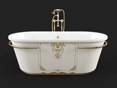 Elegant White Bathtub Featuring Gold Faucet Decorative Patterns And Side Handles 3d model