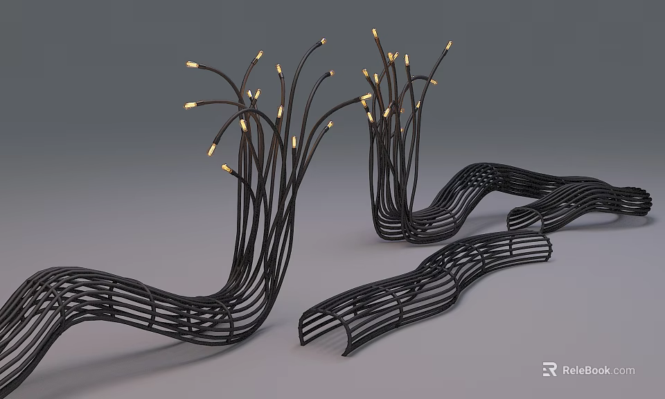 Elegant Outdoor Public Chairs With Curved Wire Structure And Integrated Lights 3d model 