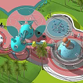 Outdoor Children's Playground With Blue Cartoon Structures Slides Palm Trees Pink Ground And Green Lawn